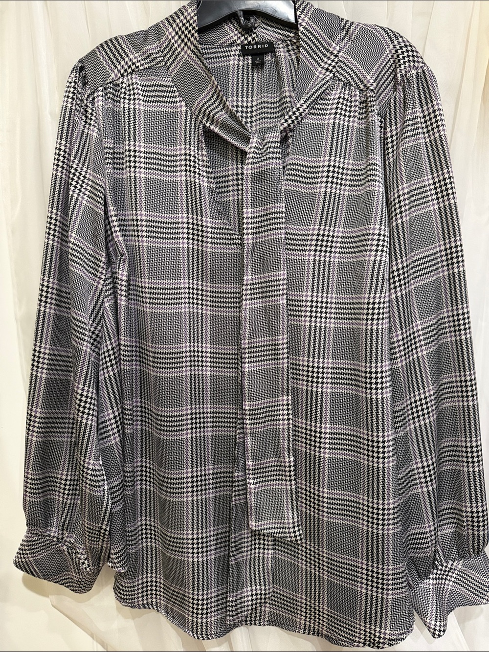 Torrid Black , Lavender and White Plaid Tie-Neck Blouse